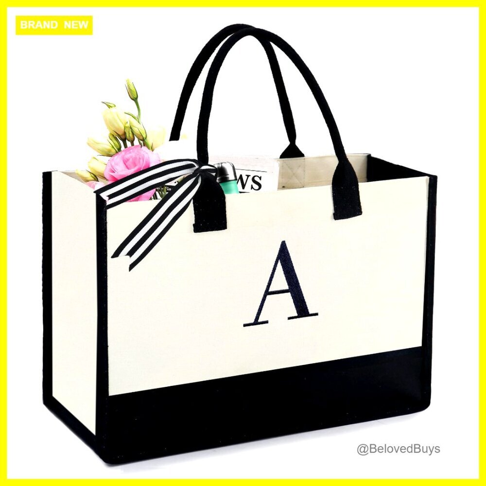Large Canvas Tote Bag with Monogram Embroidery, Zipper Pouch, Removable Bottom